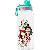 Silver Buffalo Disney Princess Ariel, Belle, and Cinderella Twist Spout Plastic Water Bottle with Stickers You Stick Yourself, 32 Ounces