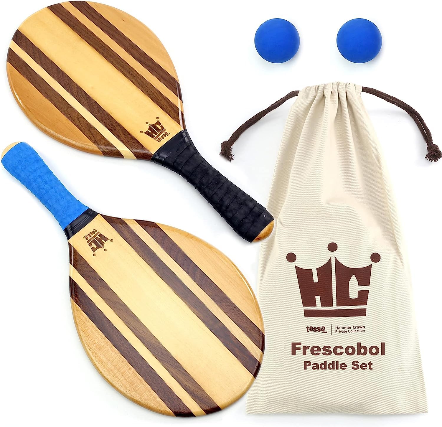 Frescobol Paddle Ball Set (Beach Stripes) - Comes with 2 Paddles, 2 Balls & Canvas Drawstring Bag