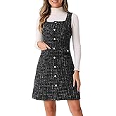 Allegra K Tweed Dress for Women's Sleeveless Square Neck Button Up A-Line Pinafore Overall Dresses
