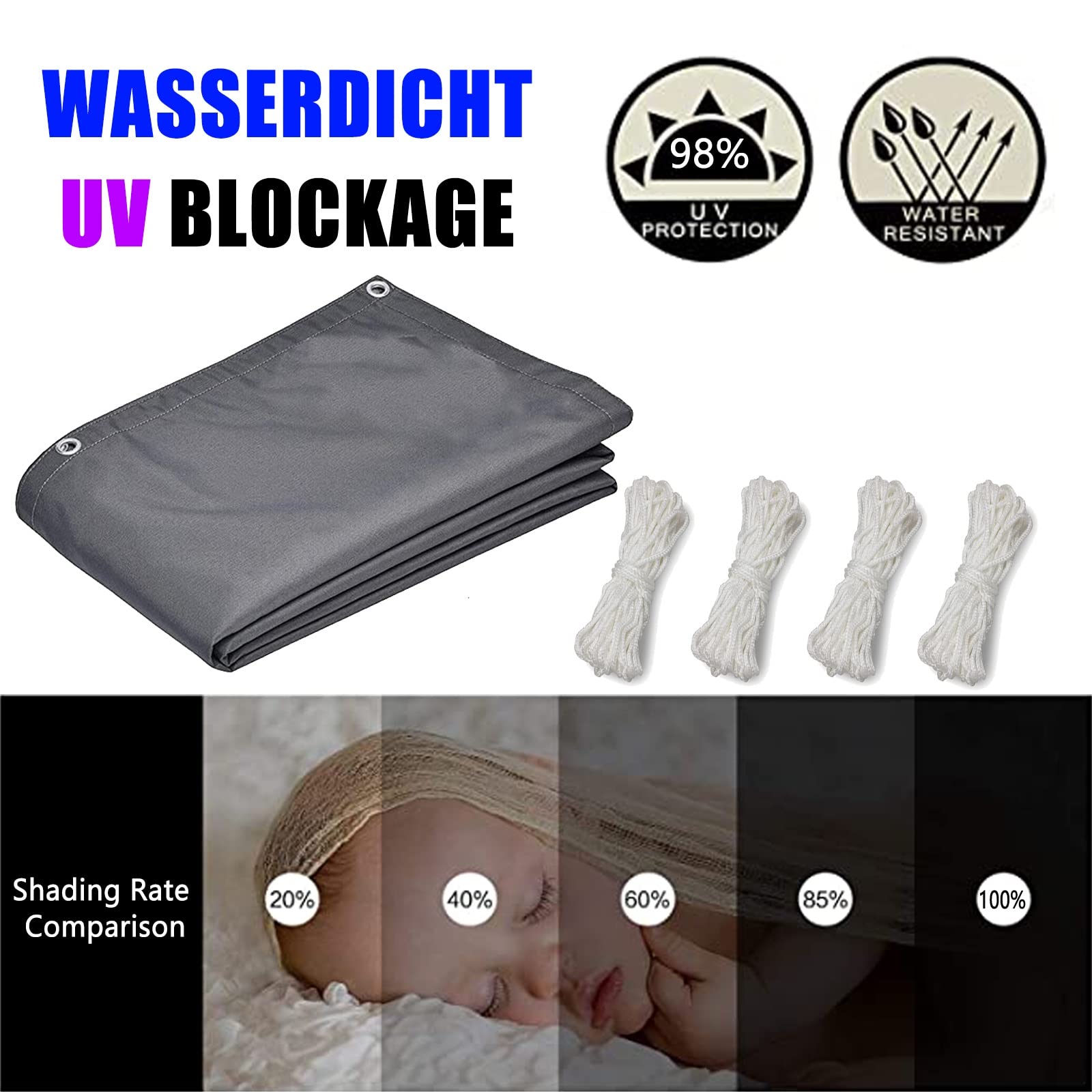 Sonnensegel 2 x 7 m Sonnensegel Rechteckig Wasserdicht, Sonnenschutz Segel mit Ösen und Befestigungsseile für Patio Balkon Terrasse Camping, Dunkelgrau 7