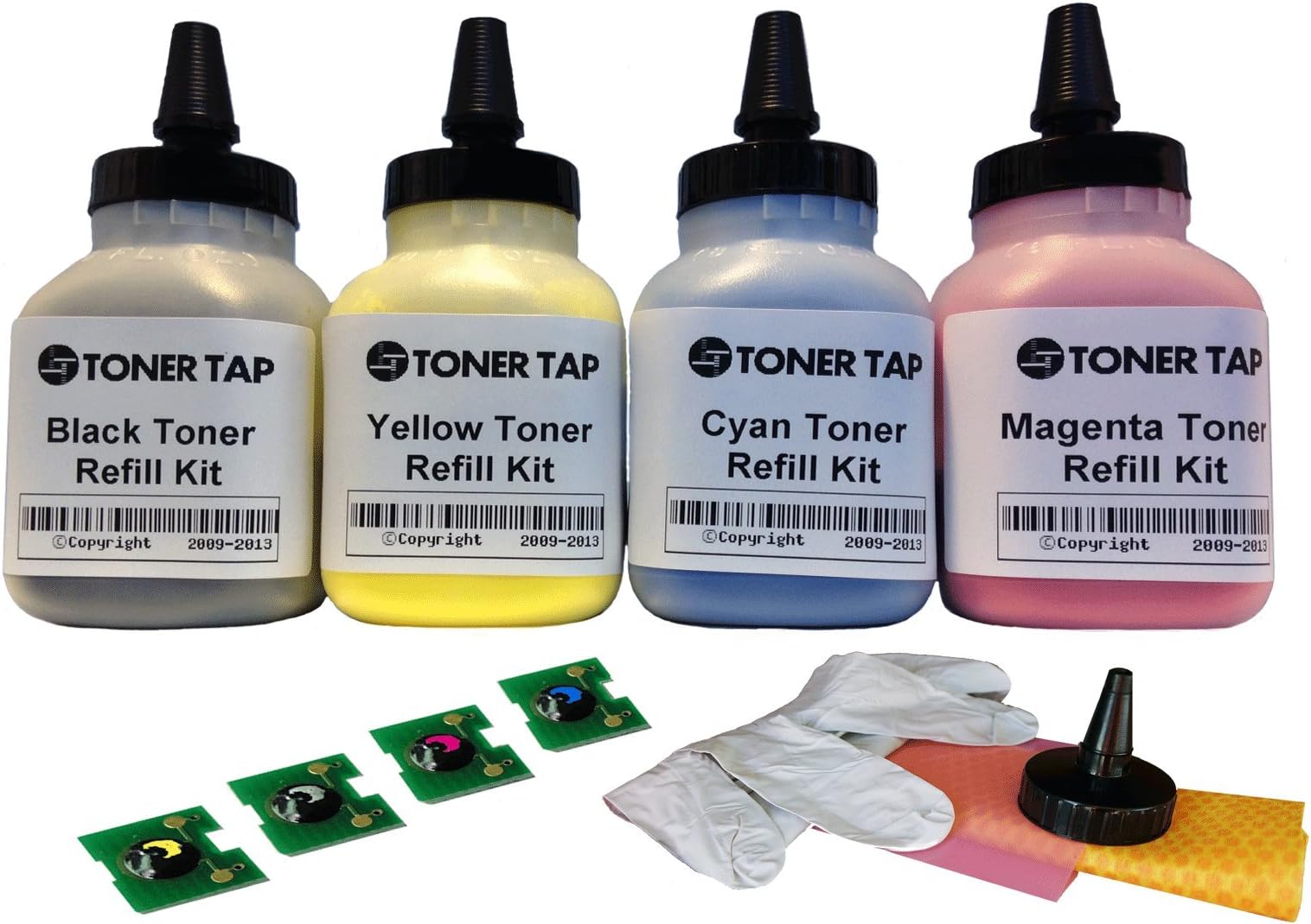 Toner Tap HD Premium Refill Kit for HP Color Laserjet CP2025 CP2025N CP2025X CP2025DN CM2025X CP2020 Toner Cartridge HP CC530A, CC531A, CC532A and CC533A W/Chips