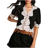 SOLY HUX Women's Lace Crop Blouse Short Sleeve V Neck Button Down Shirts Elegant Tops