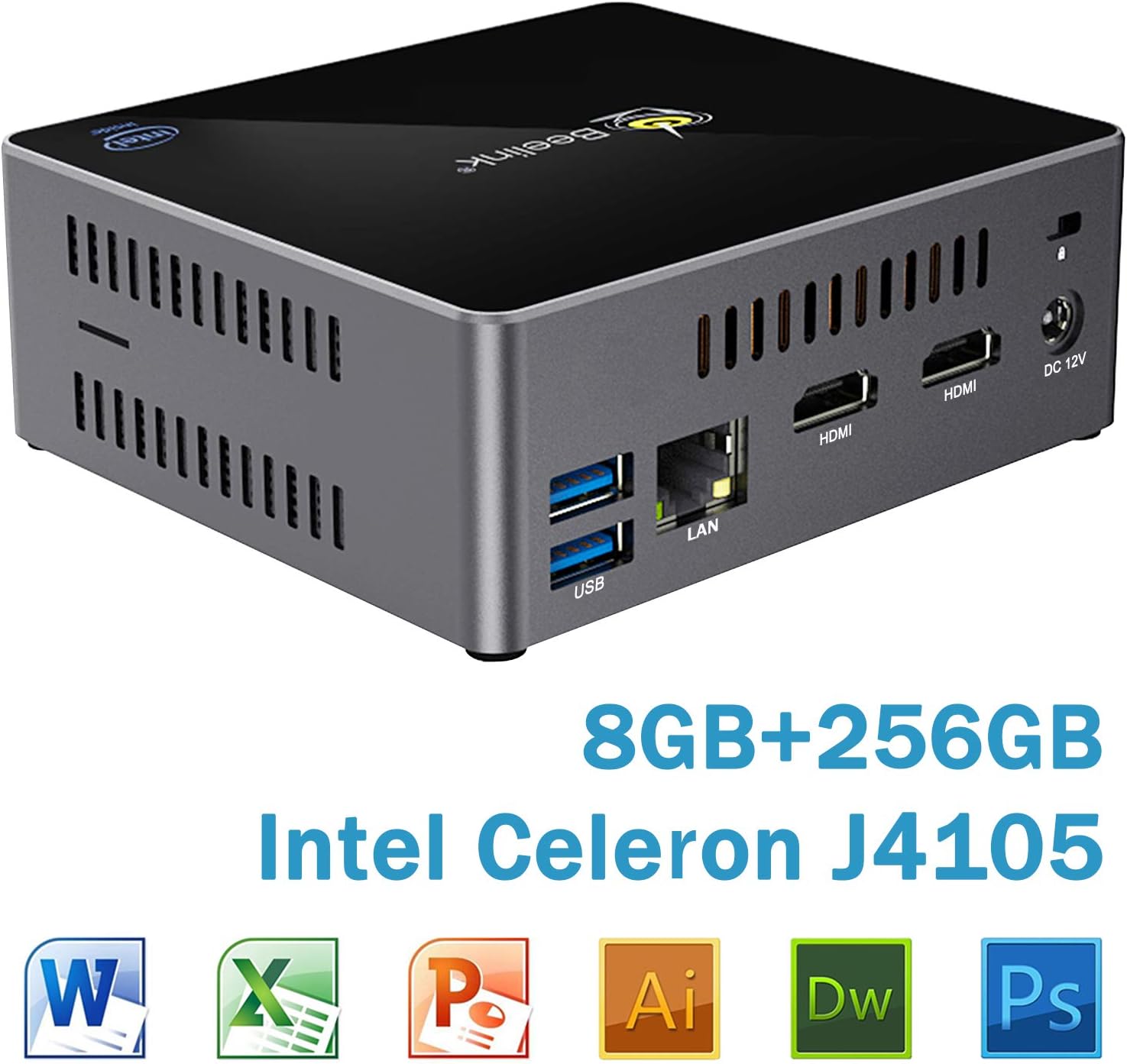 Mini PC Beelink X45 Windows 10 64-bit Intel Celeron J4105 with 8GB DDR4, 256GB SSD Mini Desktop Computer, Supports 4K@60Hz/ 2.5'' HDD & SSD/Dual HDMI/Dual WiFi/Gigabit Ethernet