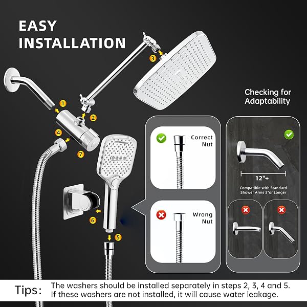 12″ RAIN SHOWER HEAD WITH HANDHELD SPRAY, RAINFALL SHOWER HEAD WITH HANDHELD COMBO, 11″ STAINLESS STEEL EXTENSION ARM WITH HEIGHT & ANGLE ADJUSTABLE HIGH PRESSURE SHOWERHEADS, CHROME