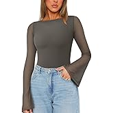 REORIA Women's Trendy Sexy Boat Neck Bell Sleeve Sheer Mesh Going Out Bodysuit Tops