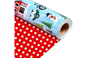 Homeral Blue Reversible Christmas Wrapping Paper Roll - Cute Sheep, Snowman, Christmas Tree & Red Polka Dots, Farm Theme Gift Wrap for Christmas, New Year Celebration - Mini Roll - 17 Inch x 33 Feet