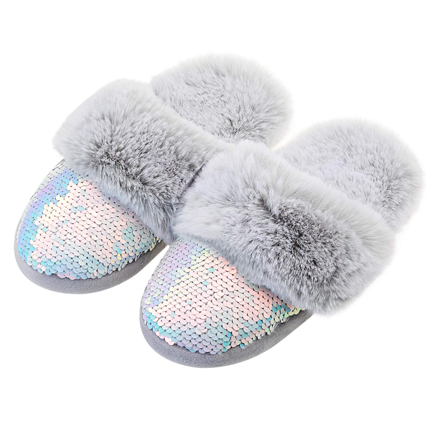 Photo 1 of (SIZE 1) (USED/FAIR) Furry Girls' Slippers with Rubber Soles - Comfortable Indoor Warm Slippers - Sparkly Non-Skid Grey Size 1