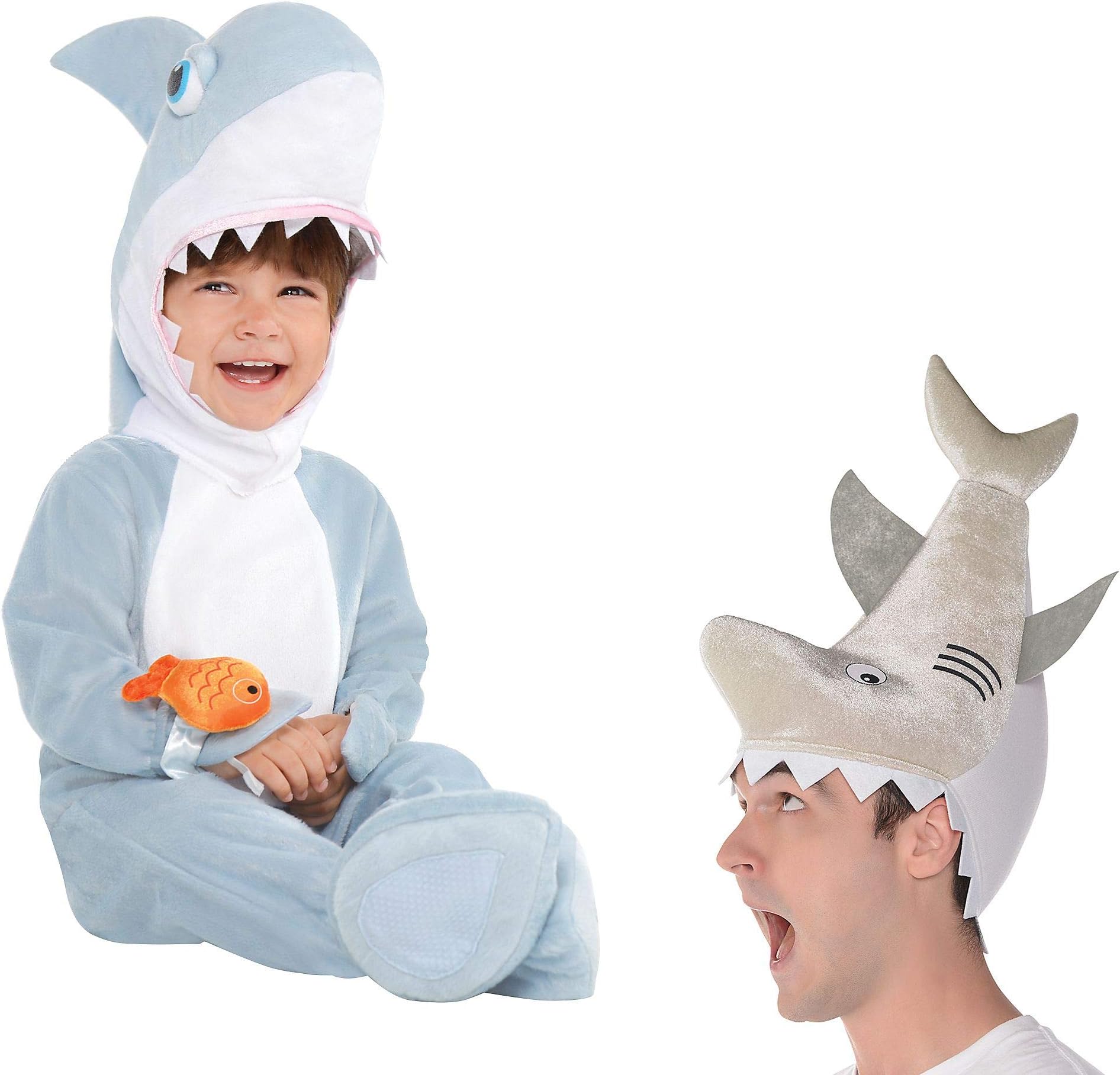 Party City Parent and Baby Shark Costumes, with a Shark Jumpsuit and Matching Adult Hat