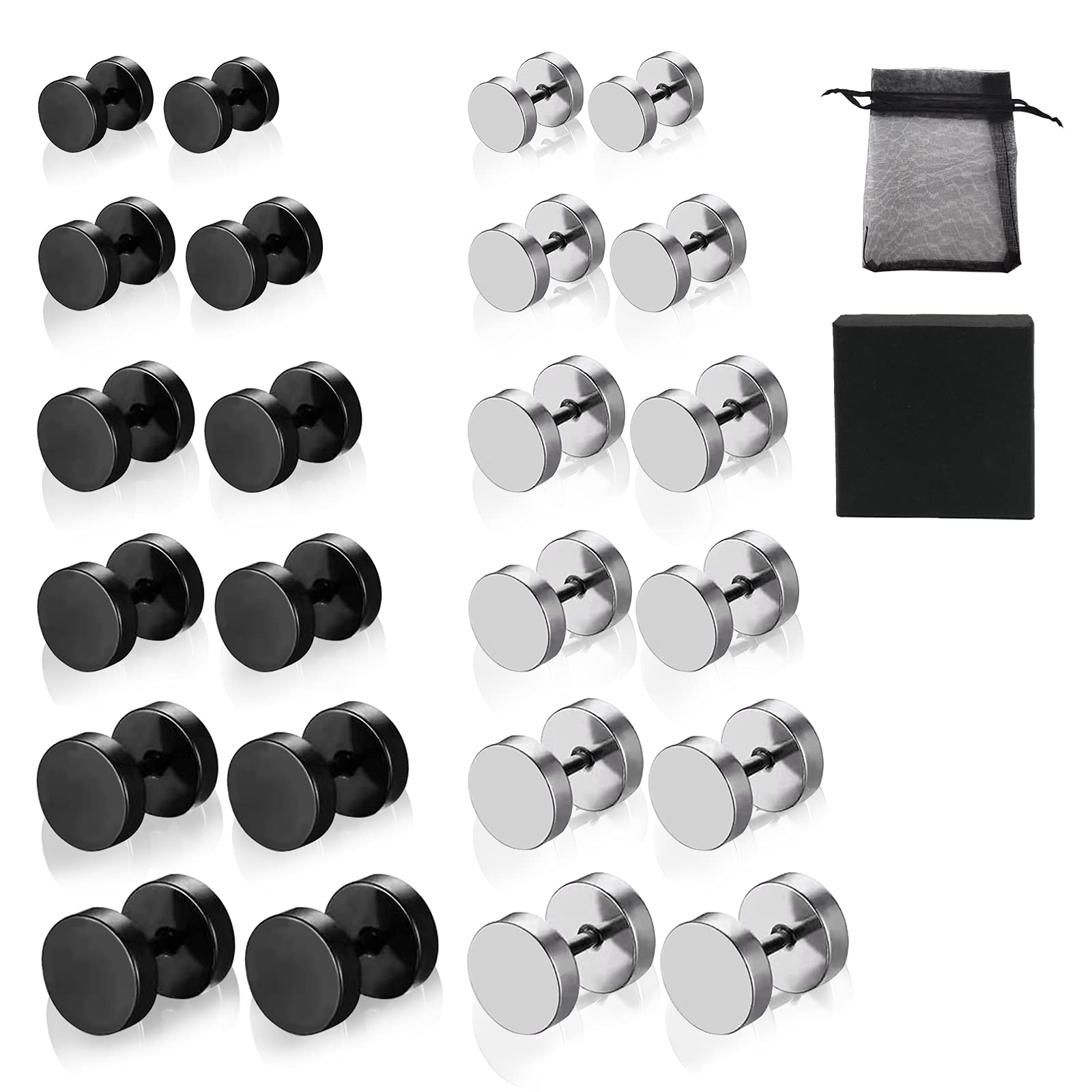 Mens Earrings Studs, 12 Pairs Black Studs Earrings Silver Studs Earrings for Men Women, 4mm-9mm Stainless Steel Round Stud Earrings Set