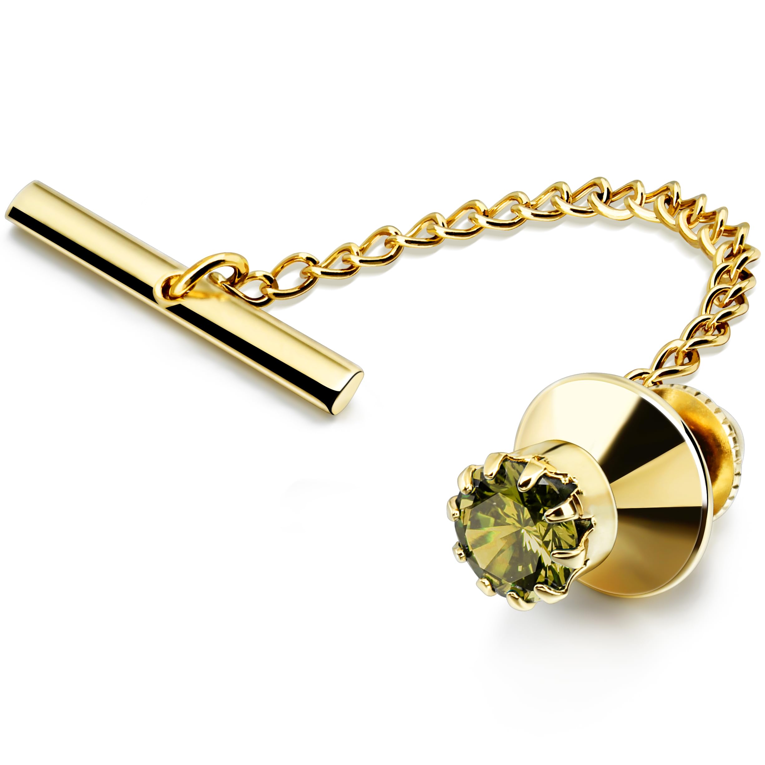 HAWSON Mens Tie Tack with Chain Round Crystal Wedding Business Accessories, Gold + Olivine, 7 mm