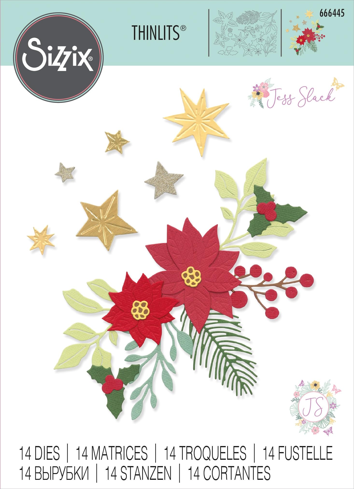 Sizzix Chapter 3 2023 Thinlits Die Set | 14 Pack Festive Foliage by Jess Slack | Make Beautiful Festive Creations | Poinsettia & Holly & Decorative Stars | Perfect for Cardmaking & Home Decor