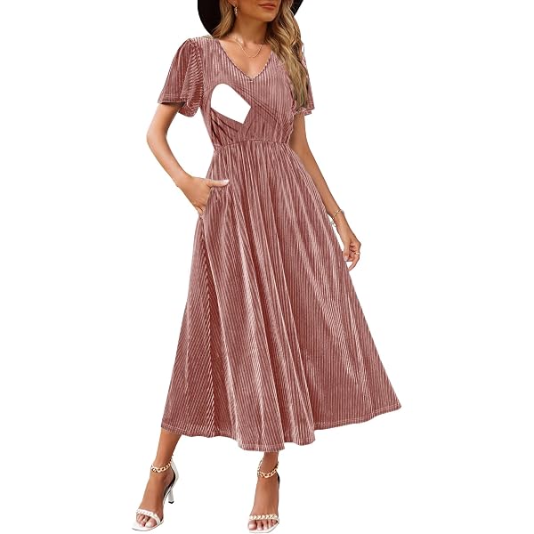 CzzzyL Women's Latched Mama Nursing Long Sleeve V Neck Velvet Maxi Dress  Bridesmaid Wedding Guest Formal Dresses with Pockets(Brown,Small) at Amazon  Women's Clothing store