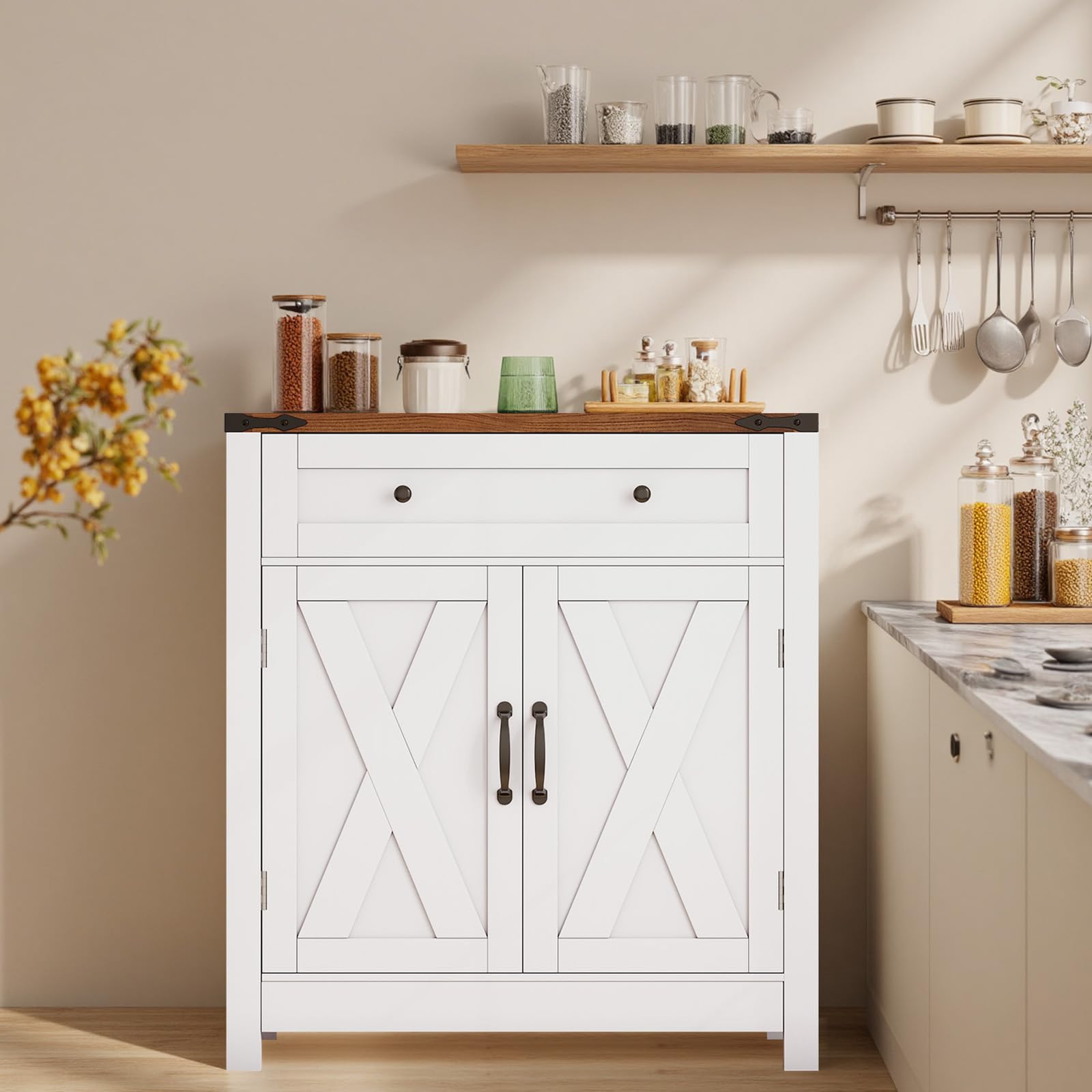 Photo 1 of GRUSIGN 30" Coffee Bar Station, Kitchen Sideboard Buffet Cabinet with a Drawer and Adjustable Shelf, Modern Farmhouse Storage Cabinet for Kitchen, Living Room, Entryway, White