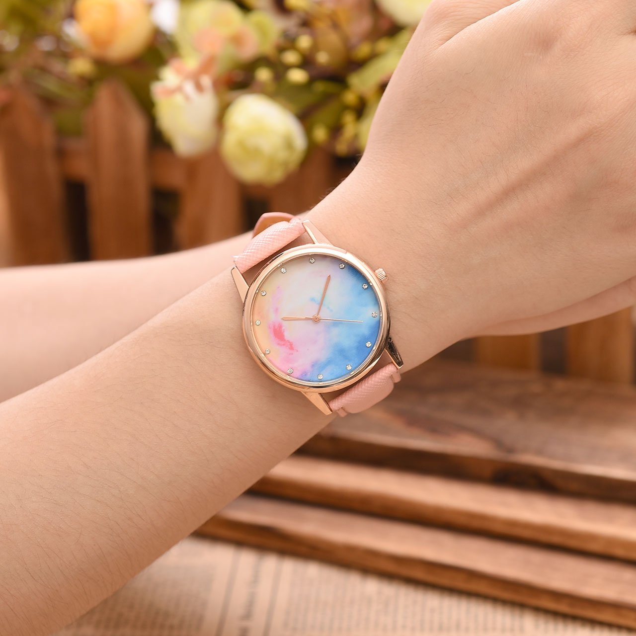 JSDDE Uhren,Fashion Cute Candy Farbe Damen Armbanduhr Sternenhimmel Farbverlauf Kleid Uhren PU Lederband Quarz Uhr,Pink