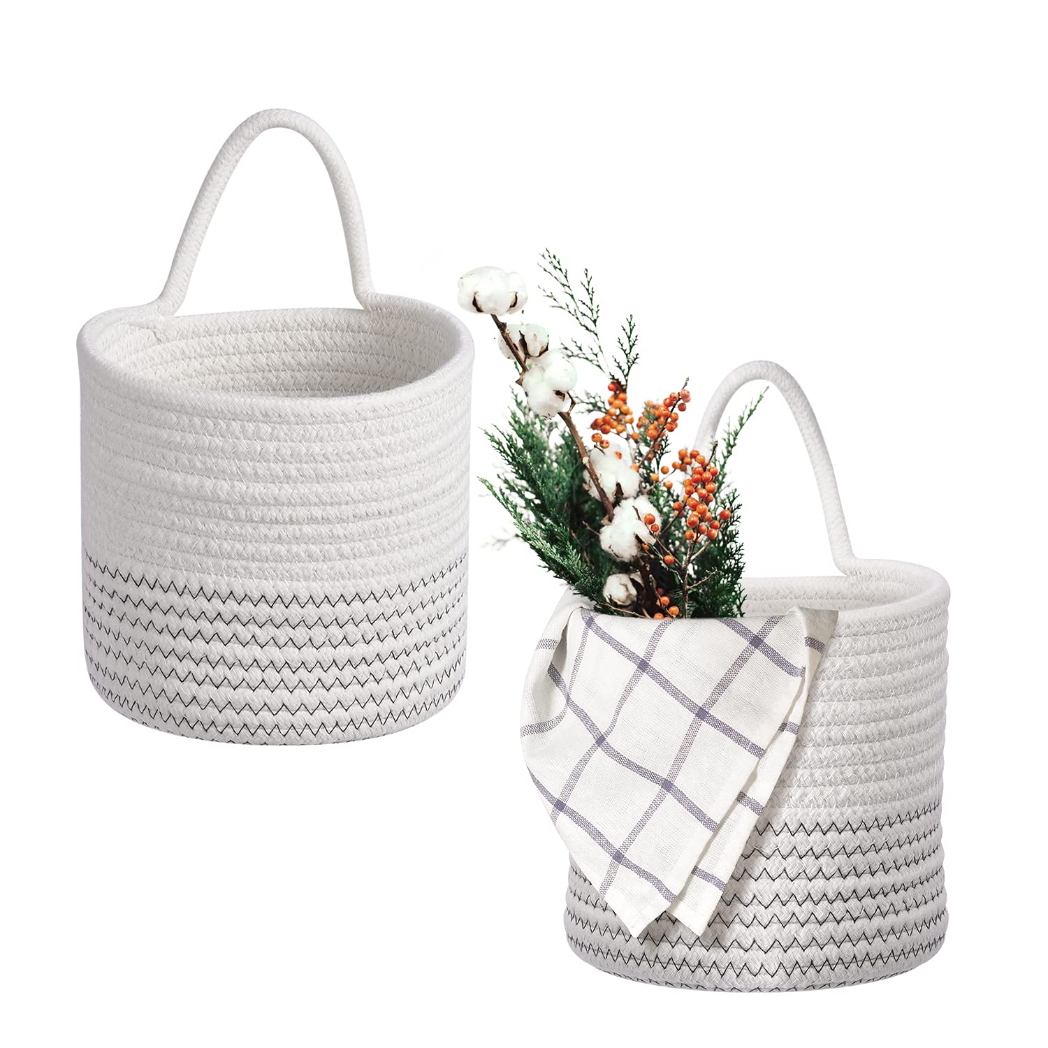 Hivexagon 2 Pack Hanging Woven Rope Storage Baskets with Handle - Wall Baskets 6 x 5.5 Inches Round Containers for Home Décor, Baby Nursery, Plants Toys Towels Organizer HG579