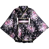 Women's Sexy Short Kimono Costume Adult Japanese Geisha Yukata Prints Gown Fancy Dress with Obi Belt
