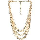 COOLSTEELANDBEYOND Crystal Beads Statement Necklace, Three-strand Layered Necklace, Waterfall