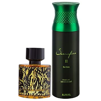 Maryaj Wild Stripes Eau De Parfum Aromatic Oriental Perfume 100ml for Men and Ajmal Sacrifice II for Him Deodorant Fruity Aromatic Fragrance 200ml for Men + 2 Parfum Testers FREE