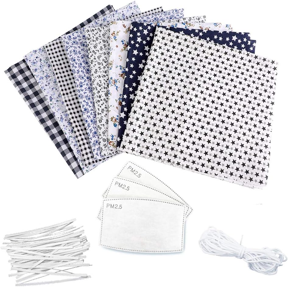 Junejour 8PCS Cotton Fabric Set 19.7x19.7 Inches Prints Flower Cloth Quilting Patchwork for Manual DIY Sewing Crafts with Nose Bridge Strip Elastic Band