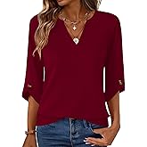Kistore Womens 3/4 Length Sleeve Tunic Tops Casual V Neck Shirts Business Work Blouses Trendy Flowy Tees