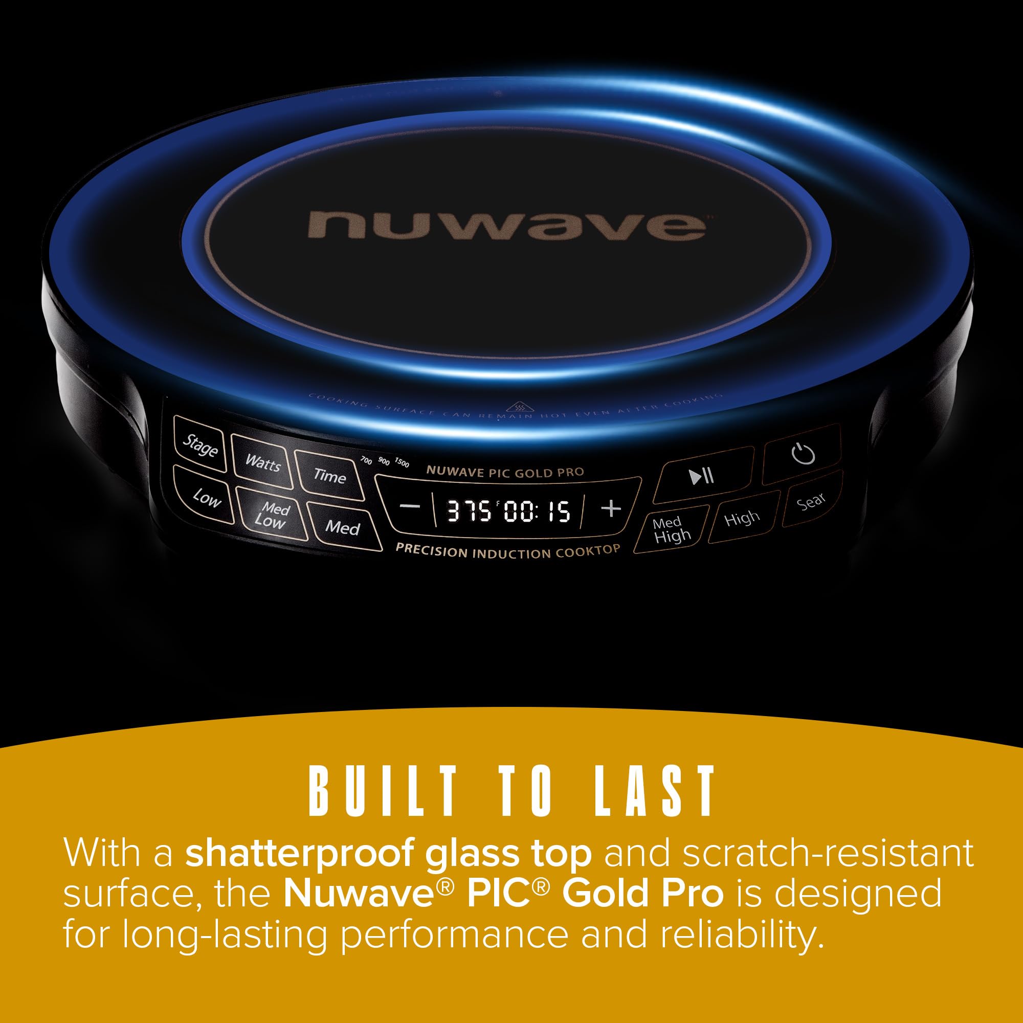 Nuwave Gold Pro Precision Induction Cooktop, Large 8” Heating Coil, 12” Heat-Resistant Cooking Surface, Adjustable Wattages,100°F to 575°F, Portable, Built-In Safety Auto Shut Off