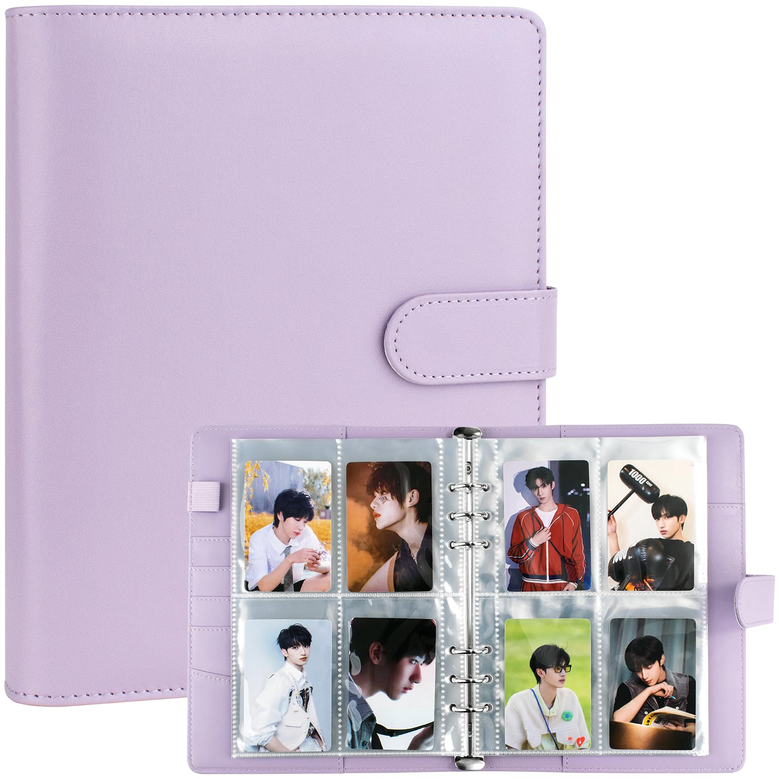 A5 Kpop Photocard Album, 6 Ring Binder with 200 Card Slots, PU Leather Cover with Magnetic Buckle Closure - Purple