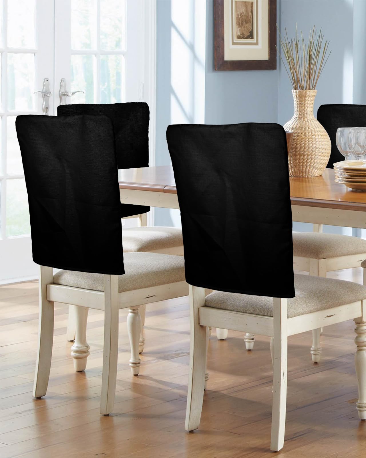 Photo 1 of AMZRicher Solid Color Black Chair Back Covers for Dining Chairs 4 Pack, Washable Stretchable Chair Slipcover Back Chair Protector for Wedding Party Modern Minimalism Art
