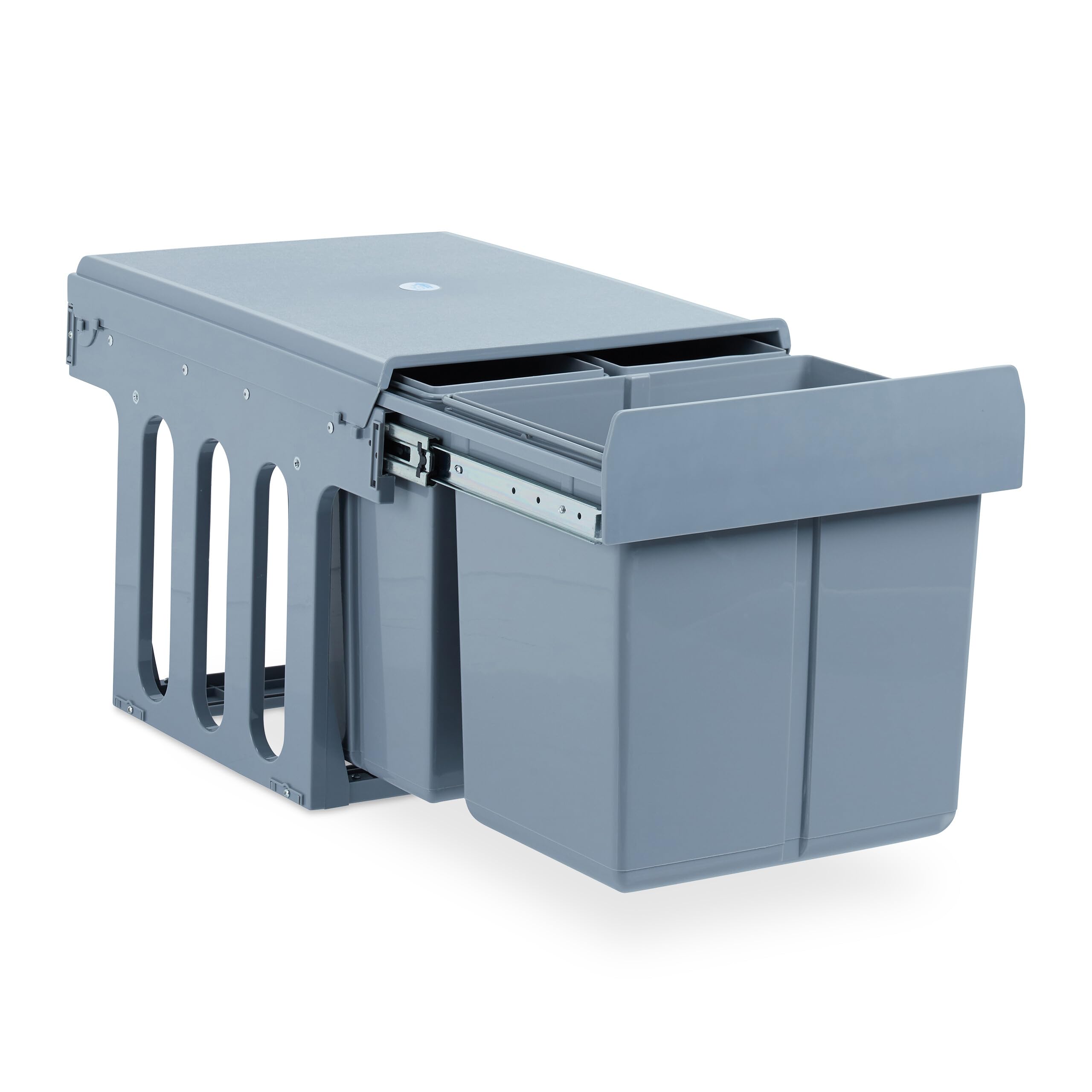 Relaxdays Built-In Kitchen Bin, 3-Compartment Waste Separation System, 15 & 8 L, Plastic, HWD 35 x 34 x 48 cm, Grey