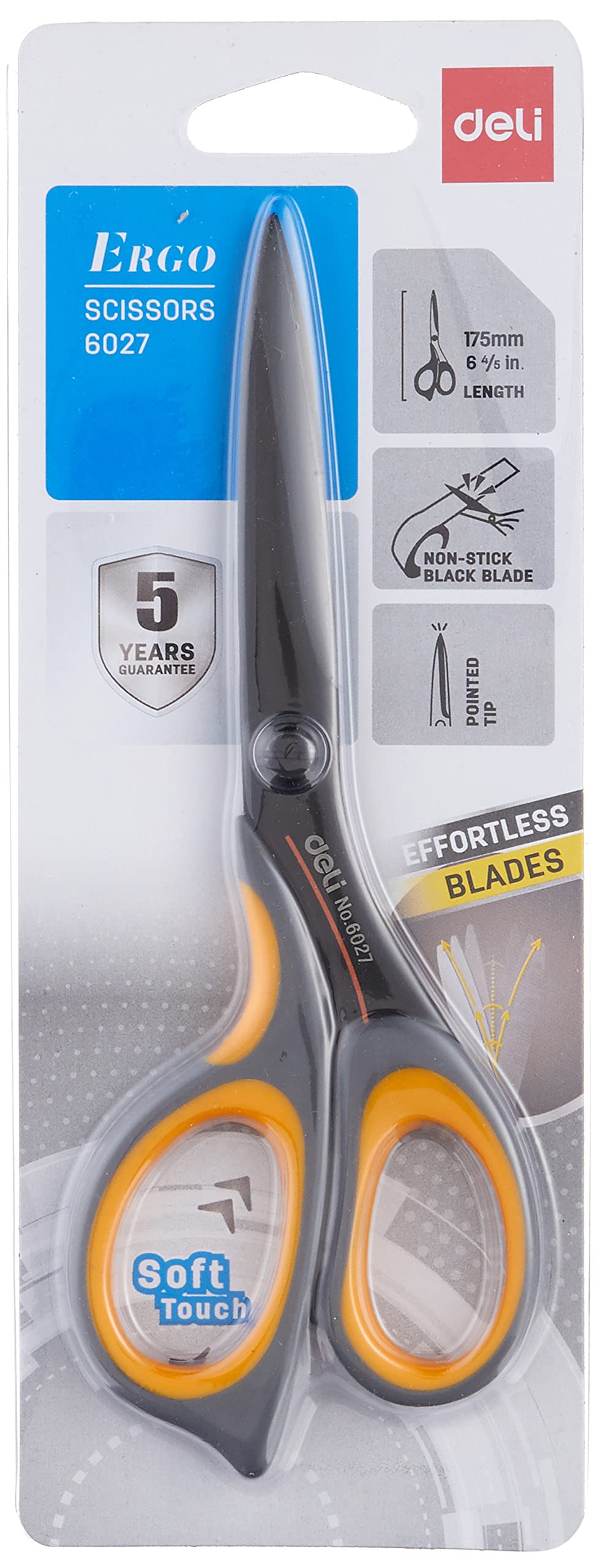 DELI Blister Ergo Scissors Stainless Steel 175 mm PP+TPE, Soft ABS Feel, Sliding Blade Limited Effort