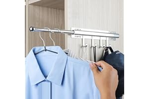 BaiNong 12 inch Valet Rod for Closets Pull Out Closet Valet Rod Slide Out With 4 Hooks Silver Pull Out Clothes Hanger Closet Organization and Storage