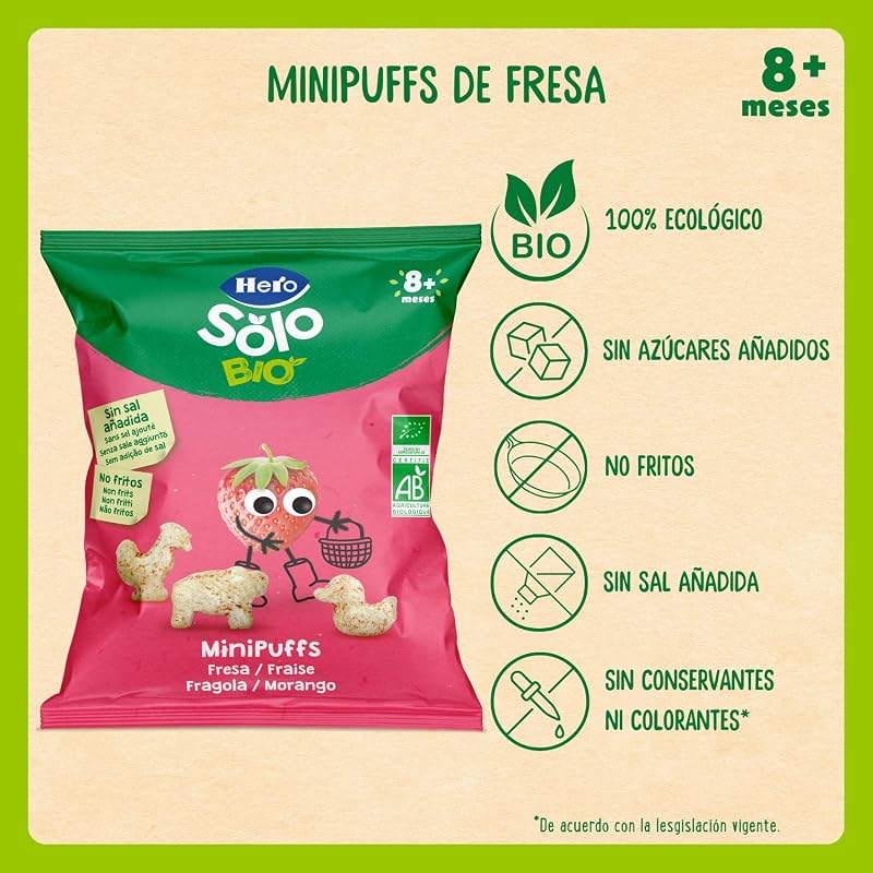 Hero Solo Bio Minipuff Snacks de Fresa Bebé Desde 8 Meses, 10 x 18 g