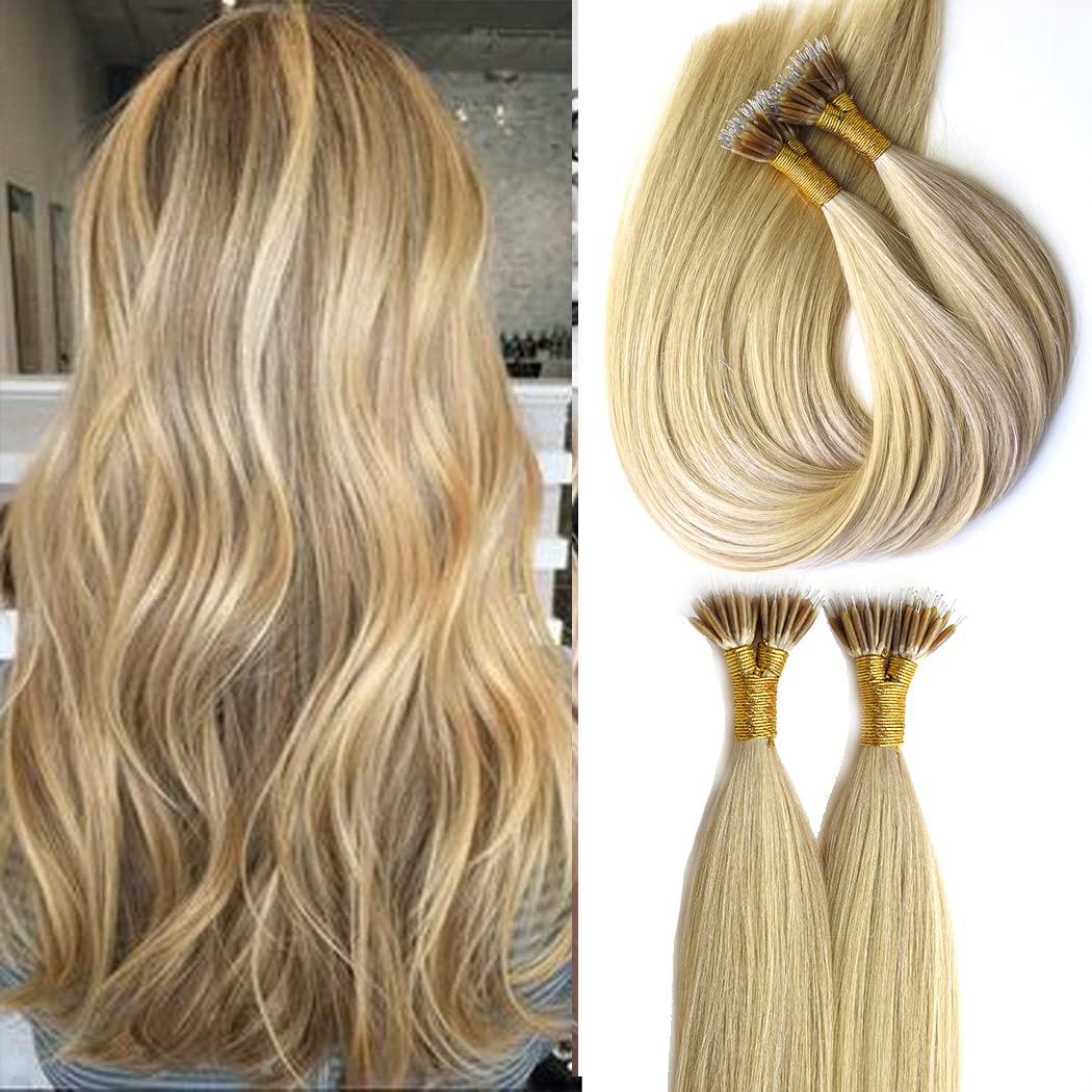 KOCONI Nano Ring Hair Extensions Real Human Hair Remy 20Inch 50g #16/24 Ash Blonde Mix Bleach Blonde — image 1