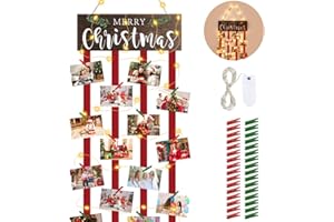 Farochy Christmas Card Holder Picture Board Frames Collage Display With 30 Photo Clips and String Lights