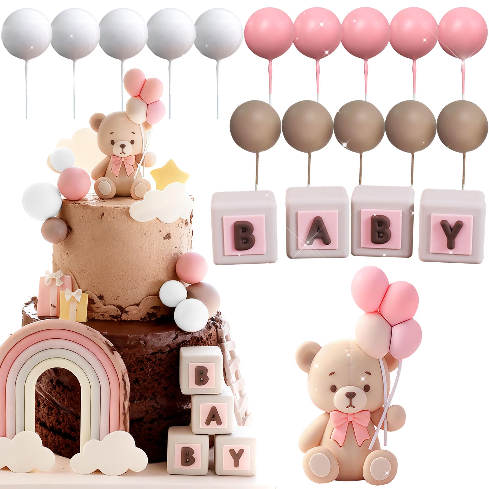 Pink Bear Cake Decoration Pink White Balls Cake Topper Bears Baby Shower Birthday Party Decoration — image 1