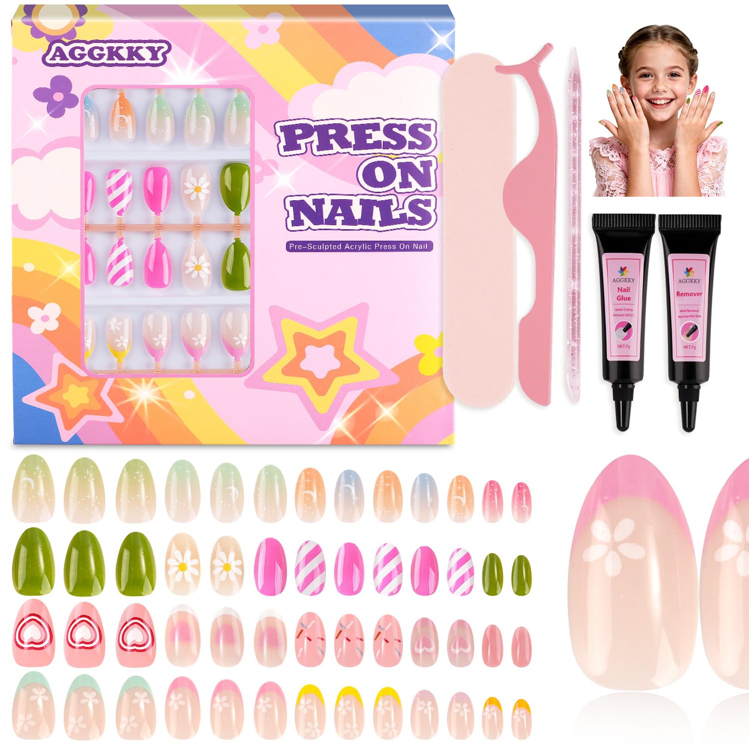 Photo 1 of 104 Pieces Press on Nails for Kids 4 Pack Artificial Fake Nails for Girls Kid Press on Nails for 8-12 Years with Jelly Nail Adhesives & Nail Builder Glue