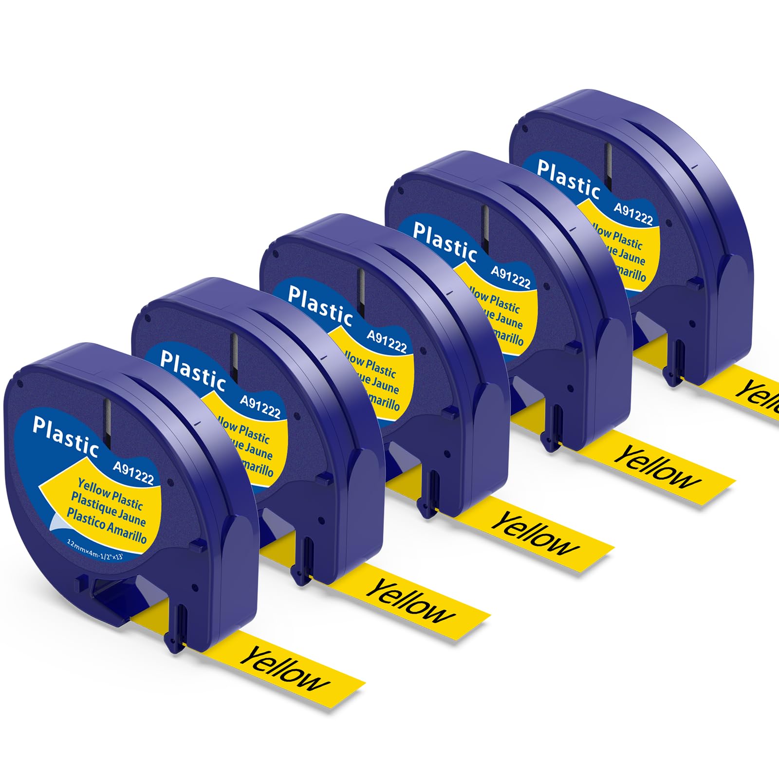 5-Pack Yellow Plastic Tape Replacement for Dymo LetraTag Label Tape 12mm x 4m 91202 Compatible with Dymo Letra Tag LT-100H LT-100T XR Label Maker, by Wonfoucs