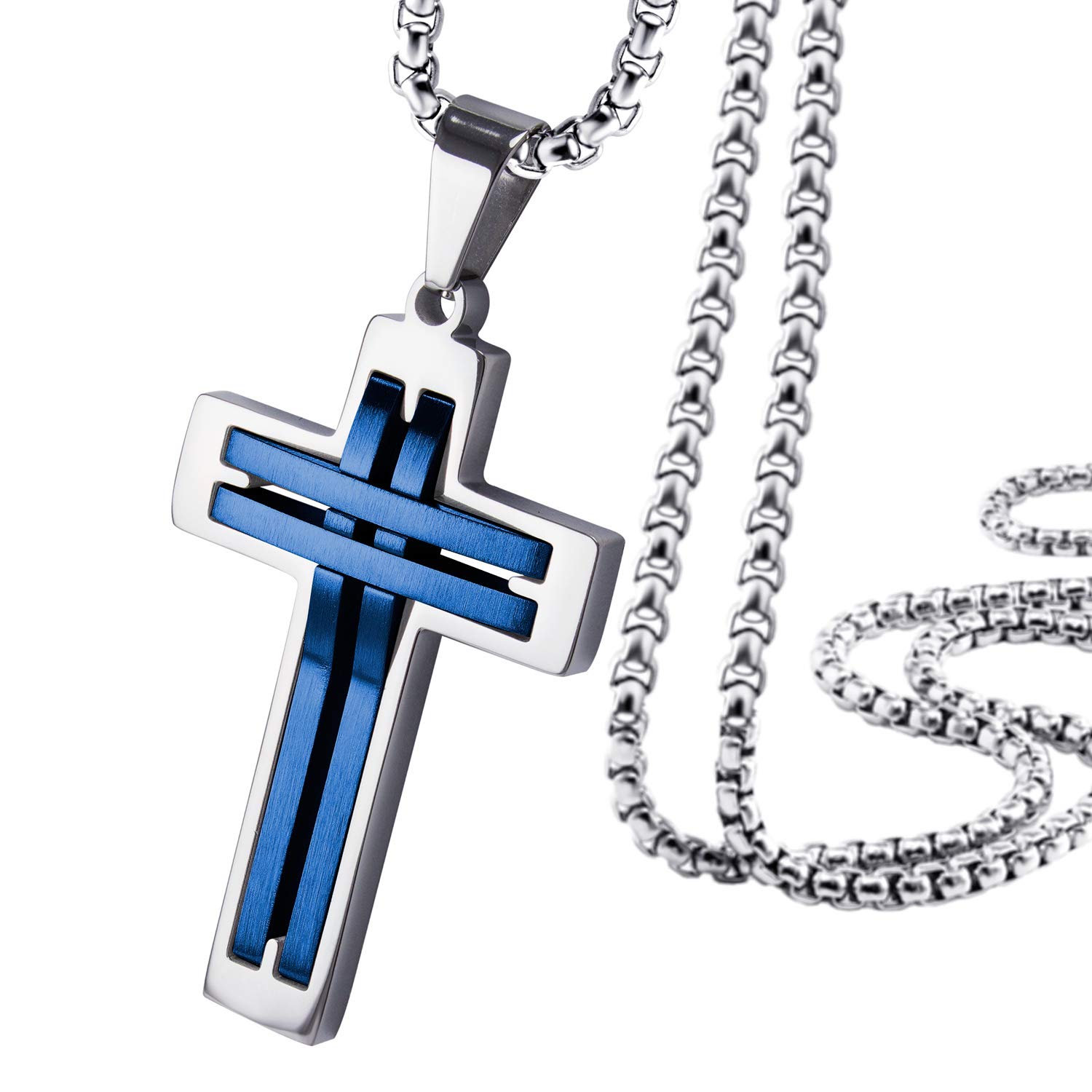 555Jewelry Stainless Steel Cross Necklace for Men, Grooved Half Dome Shape Matte Cross & Polished Border Religious Crucifix Cross Pendant for Men & Women, Silver/Blue, 22 Inches Box Chain