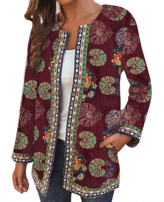 Women's Vintage Ethnic Style Coat Floral Print Long Sleeve Plus Size