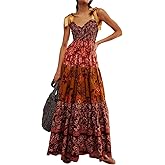 ABYOVRT Women Floral Maxi Dress Tie Shoulder Patchwork Smocked Flowy Boho Dress with Pockets Summer Vacation Sundress