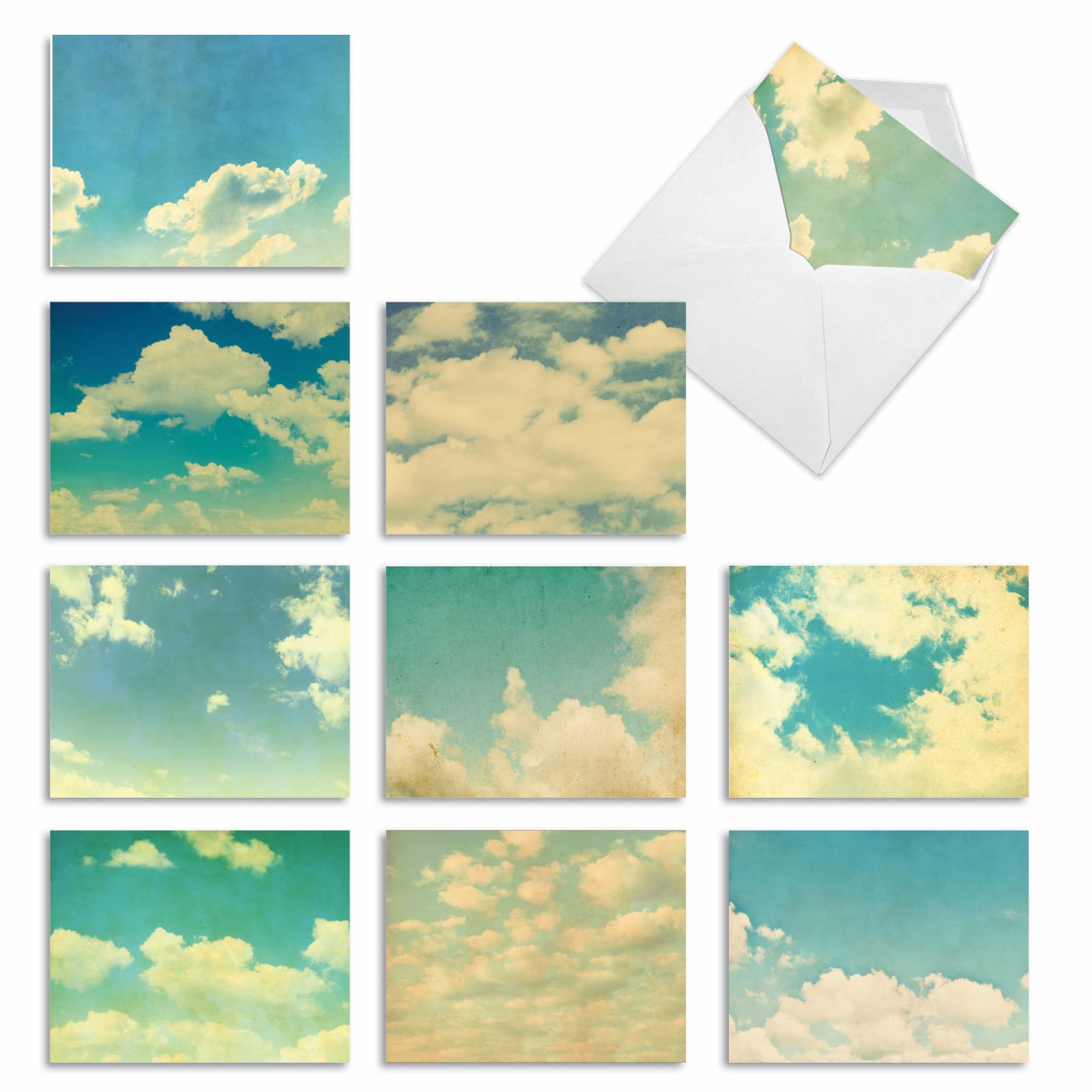 10 Assorted 'Cloud 9' Thank You Cards with Envelopes 4 x 5.12 inch, Boxed Set of Clouds in the Sky Gratitude Notes, Faded Cloudy Sky Gratefulness Cards, Blue Skies and White Clouds Cards M3036
