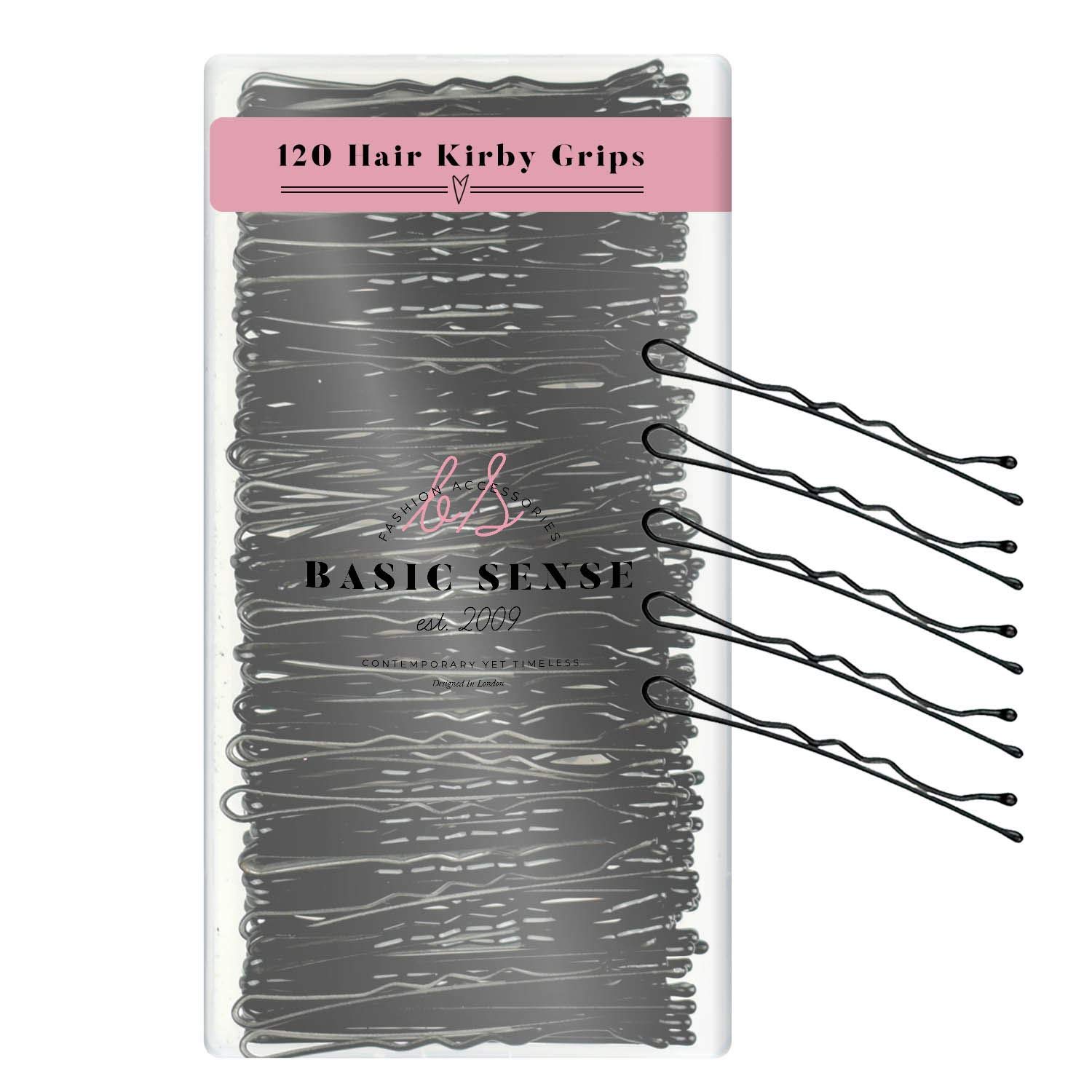 BasicSense 120 PCS Essential Wavy Kirby Metal Bobby Pins Grips Hairpins Plastic Box Package for Storage, 5cm(2 inch), Black