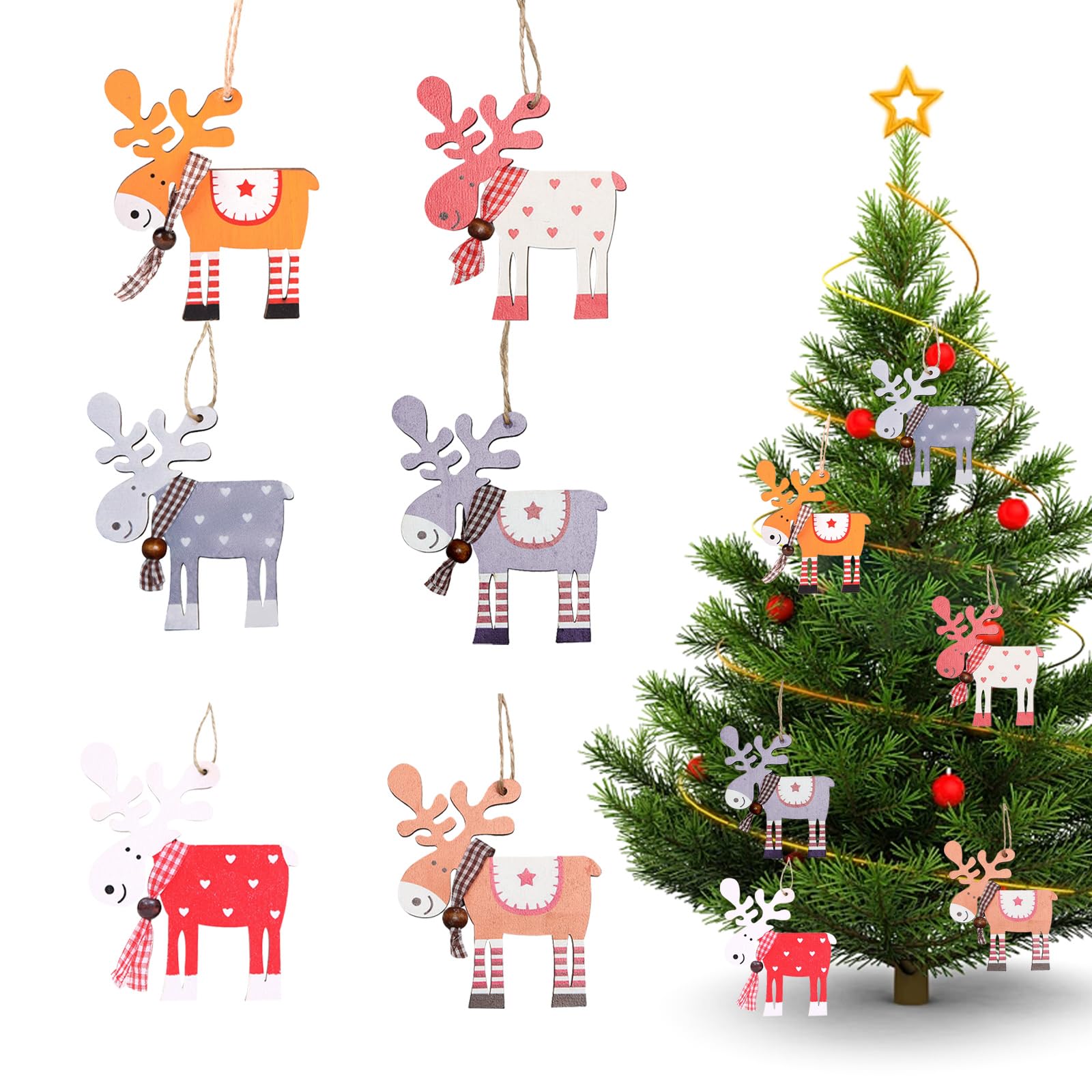KASESSS 12 Pcs Wooden Christmas Tree Decorations, Reindeer Hanging Baubles with Rope for Xmas Decor Supplies