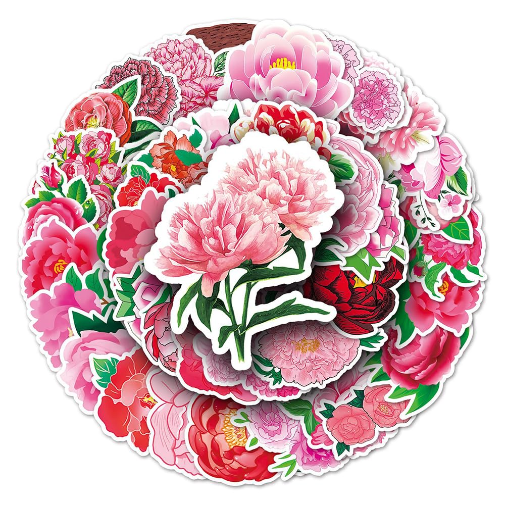 Aesthetic Peony Flower Vinyl Stickers, 50 PCS Pink & Red Peony Blossom Decals for Journals, Scrapbooking, Laptops, Water Bottles, Planners, Notebooks & DIY Decor