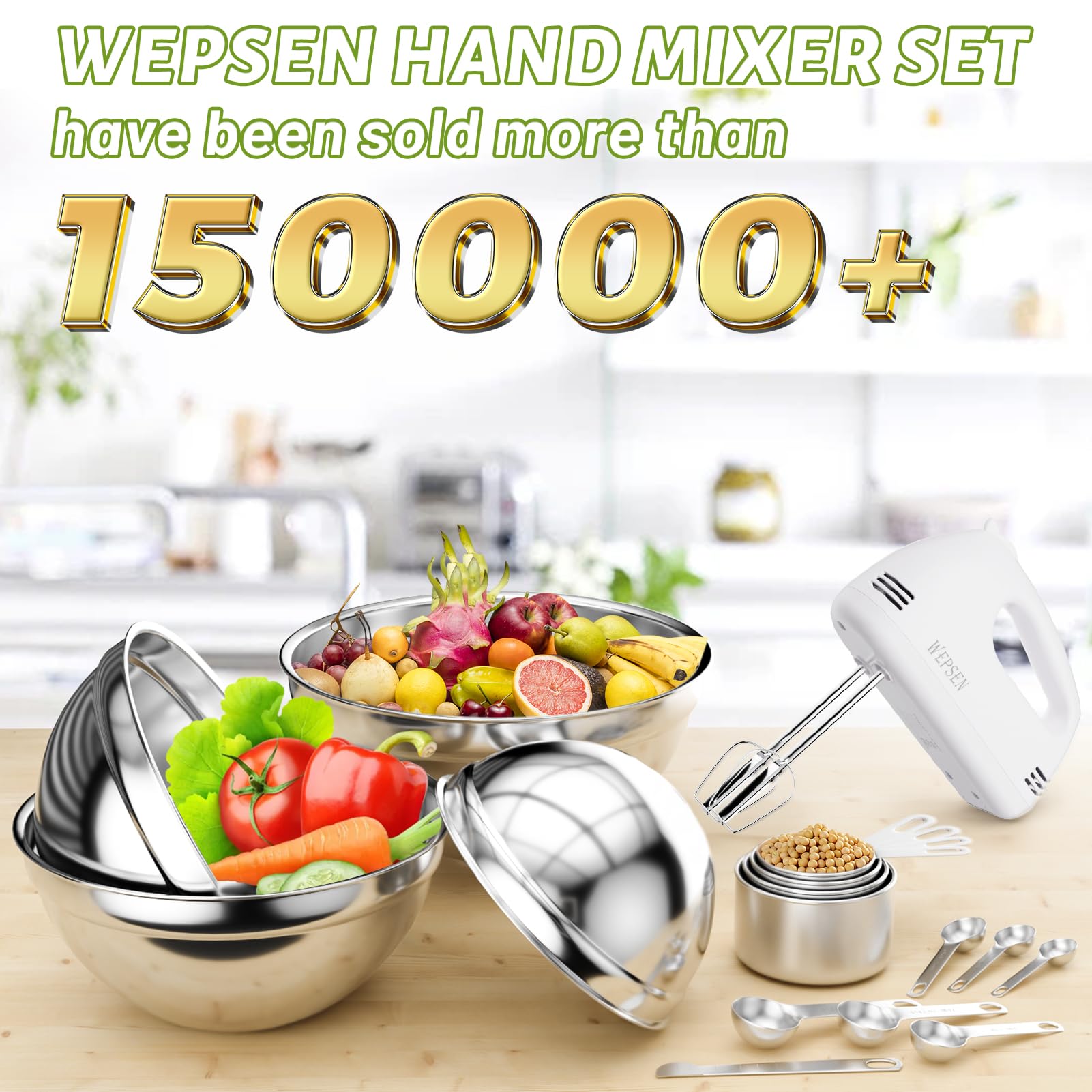 Hand Mixer Electric Mixing Bowls Set, 5 Speeds Handheld Mixer with 4 Nesting Stainless Steel Mixing Bowl, Measuring Cups Spoons 200W Kitchen Blender Whisk Beater Baking Supplies For Beginner