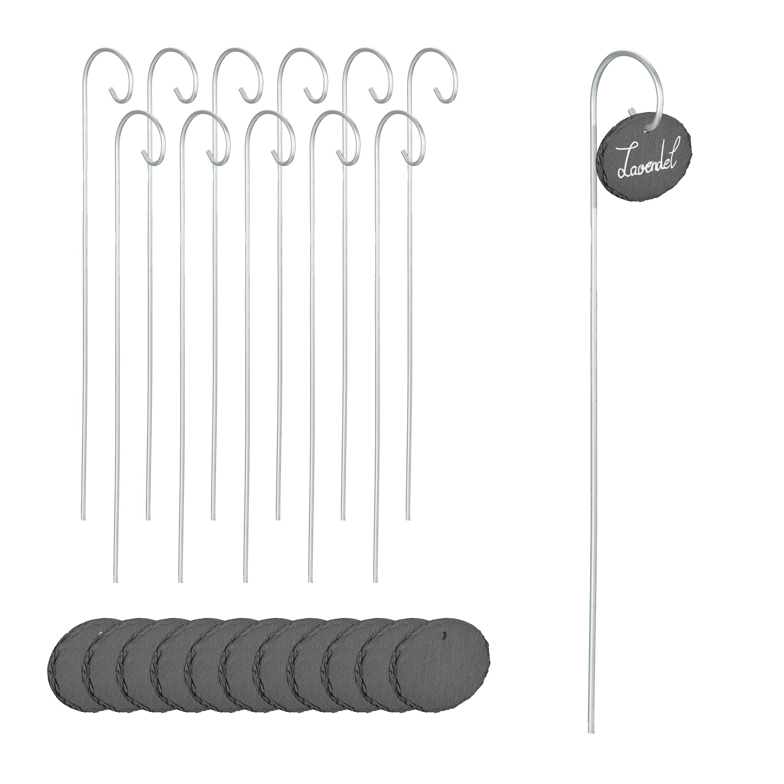 Relaxdays 12x Slate Plant Signs, Labelling, Weatherproof, Metal Rod, Oval Blackboard, HWD: 42x9x6 cm, Anthracite/Silver