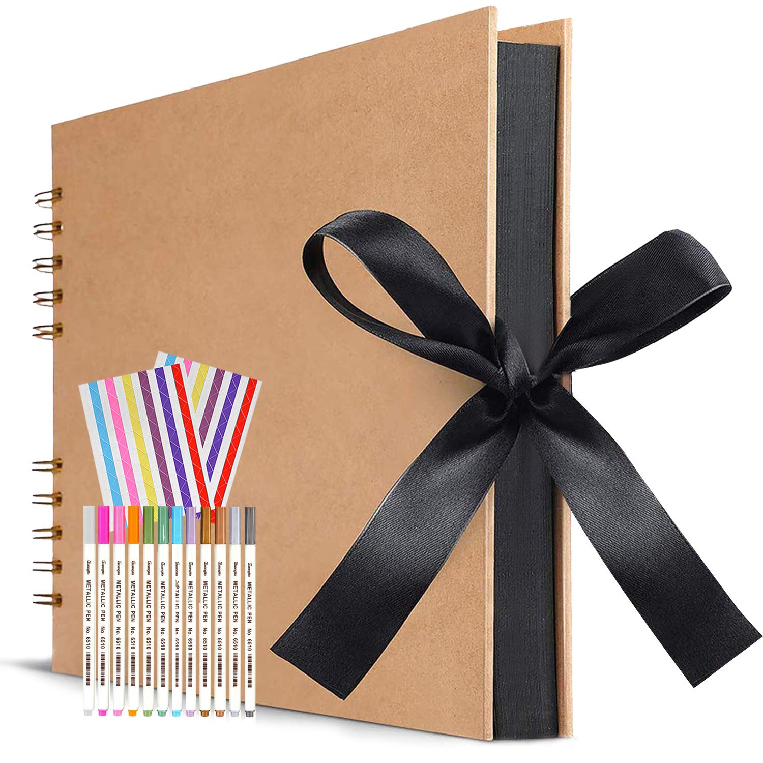 Large Scrapbook, funvce 12"x 8" Scrap Book with 80 Pages Black Craft Paper, DIY Photo Album with Pens, Photo Corners for Adults Wedding, Birthday, Gifts Memory Book, Square (Large Brown)