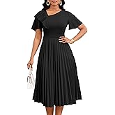 Nmoder Pleated Dress for Women|Short Sleeve Asymmetrical Ruffles Summer A Line Midi Dresses for Church Semi-Formal