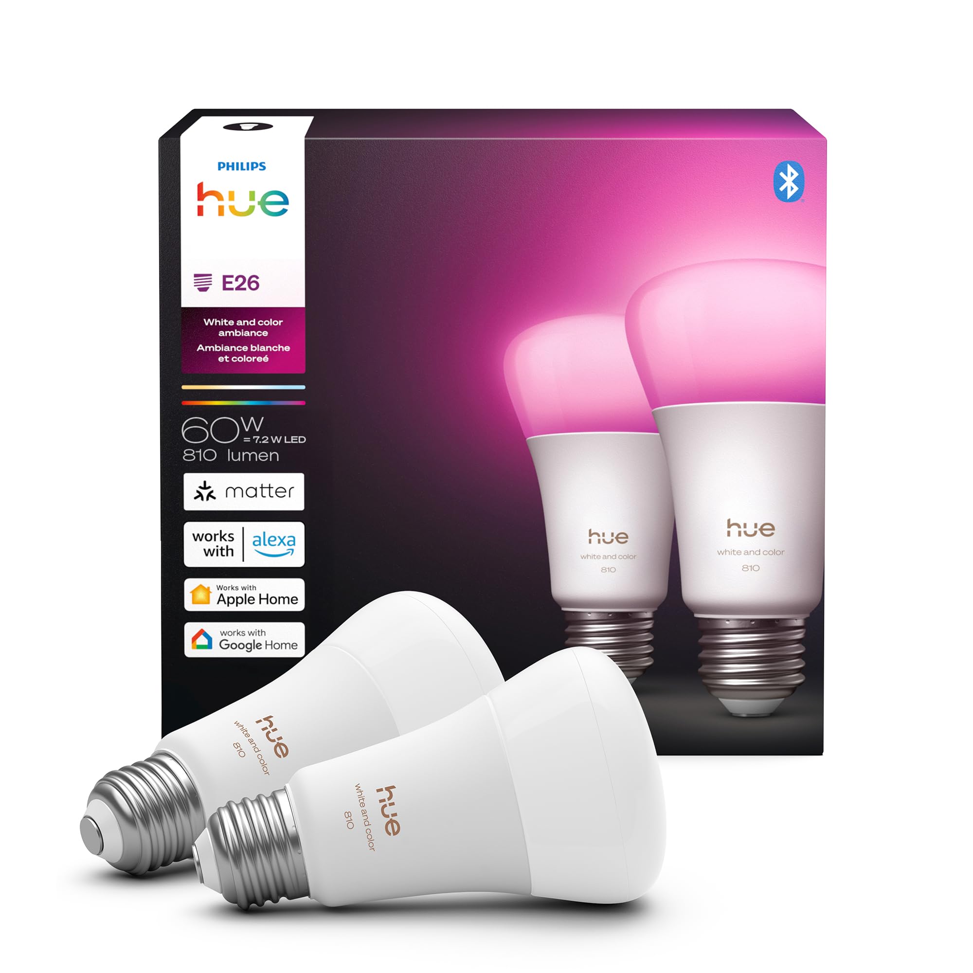Philips Hue Smart LED A19 Bulb, White & Color Ambiance, E26 Base, 7.2W, Full Spectrum Light 1000K-20000K, 810 Lumens, Dimmable, Works with Alexa, Google,& Apple Home,2pk Image