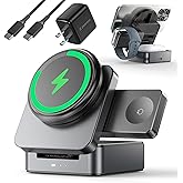 ZEEHOO 3-in-1 Foldable Magnetic Wireless Charging Station, Qi2 Certified 15W Travel Charger Stand Dock for iPhone 17/16/15/14/13/12 Series, Apple Watch, AirPods (30W Adapter Included)