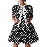 WDIRARA Women's Plus Size Polka Dots Bow Tie Short Dress Puff Sleeve Ruffle A Line Dresses